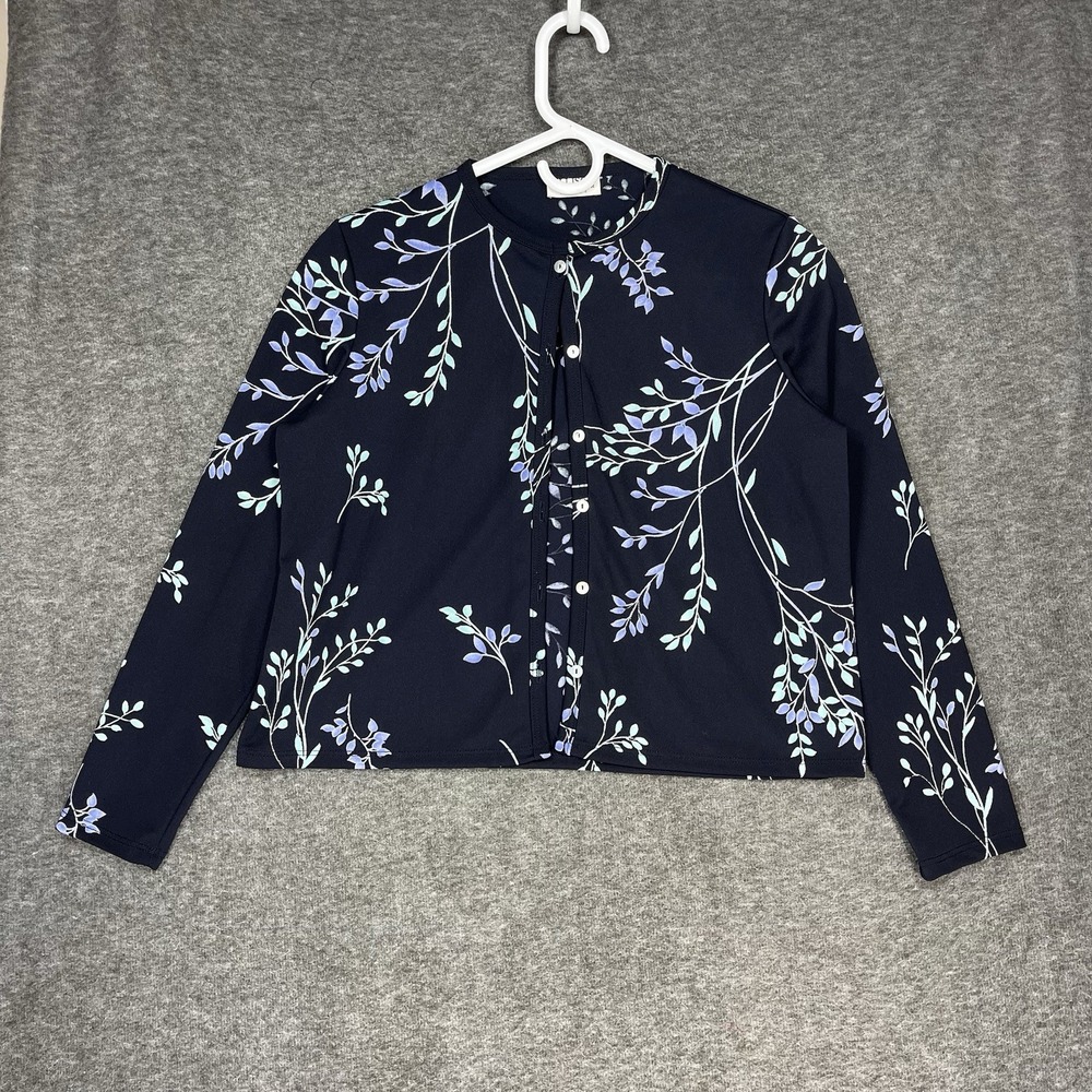 Vintage Allison Taylor Petite Cardigan XL Navy Blue Floral Stretch 90s Fairy Y2K